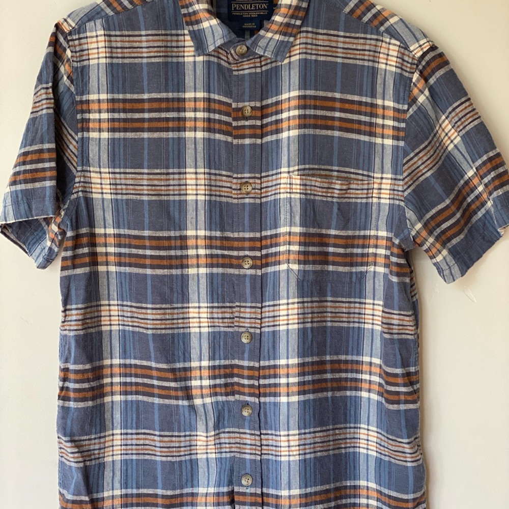 Pendleton Short-Sleeve Plaid Button-Down in Blue, Cream & Brown